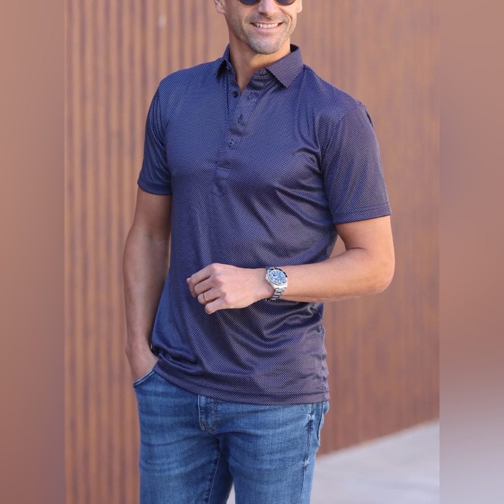 Collars & Co NWT Men’s Semi-Spread Collar Polo In Midnight Micro Dot.  Sz Large - Picture 6 of 15